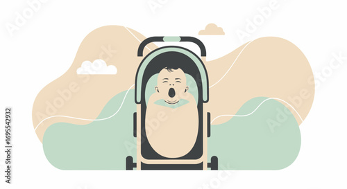 A sleepy baby yawning in a stroller with a minimalist pastel background