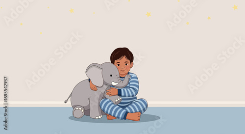 A small boy hugging a toy elephant cartoon illustration for concept of love friendship