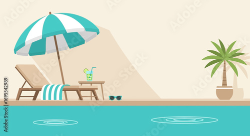Relaxing Poolside Scene: A Perfect Summer Day with Umbrella, Lounger, and Refreshing Drink
