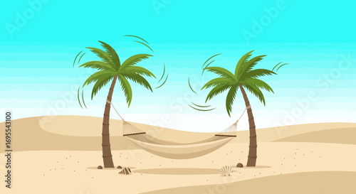 Relaxing Scene, Palm Trees and Hammock on a Sandy Beach, Turquoise Sky in the Background
