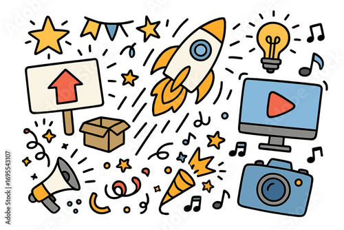 Doodle style product launch celebration with media elements. Vector cartoon illustration set for business startup, social media marketing, promotion, and project growth concept.