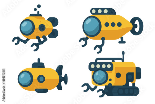 Underwater exploration vehicles for marine discovery and research missions, yellow cartoon submarines with robotic arms, deep ocean science and technology, vector illustration transparent background