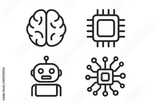 Technology simple linear illustration with brain chip robot artificial intelligence icons for futuristic digital design cards posts apps software interface concepts