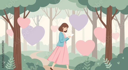 A Smiling Woman Walking Through A Forest of Love and Reading A Letter Amongst Hearts