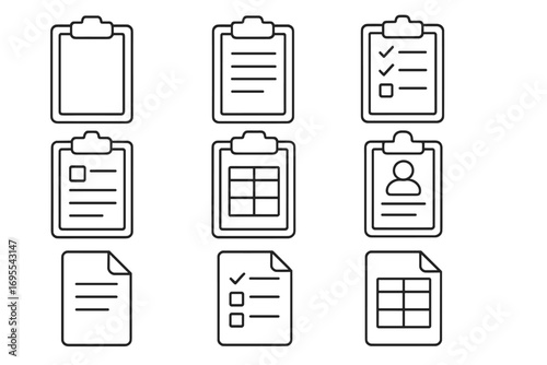 Various clipboards and documents outline set with simple linear icons, editable stroke, checklist, form, profile, table, notes, web, apps, books design, vector cartoon illustration
