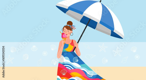 Relaxing Summer Day At Beach: Smiling Girl With Umbrella And Ice Cream Enjoying Vacation
