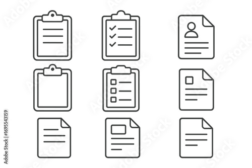 Various clipboards and documents outline icons collection, simple linear style with editable stroke, checklist, profile, notes, forms, perfect for websites, apps, cards, and books