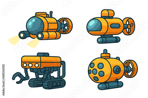 Underwater exploration vehicles for marine discovery and research missions in oceanic environments, cartoon vector illustration, remotely operated submarines, ocean technology and deep-sea robots