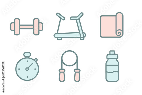 Set of minimalist fitness icons. Dumbbell, treadmill, yoga mat, jump rope, stopwatch, water bottle. Vector illustration for gym, workout, sport, health, and wellness concept.