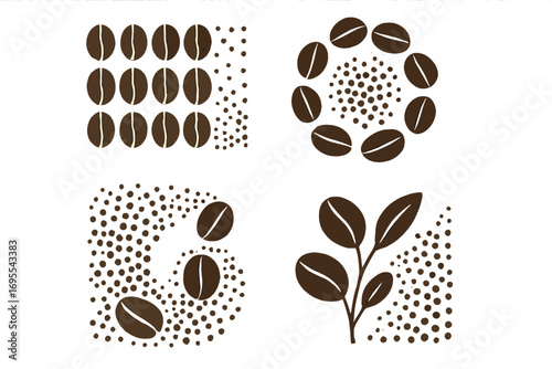 Unique coffee bean and ground patterns. Minimalist coffee design with deep brown beans, scattered coffee grounds, artistic vector illustration for coffee lovers and branding