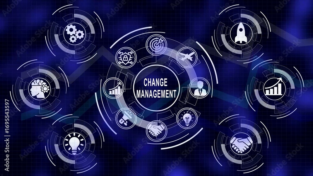Fototapeta premium Change management illustrated with business strategy icons and progressing charts