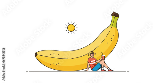 Relaxing Under A Huge Banana: Tropical Vacation and Refreshing Drinks Concept Illustration