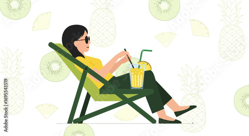 Relaxing Vacation Scene Depicting a Woman Drinking Juice and Resting Outdoors