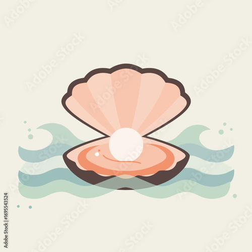 Beautifully illustrated flat design of an oyster shell cradling a lustrous pearl, surrounded by soft waves in a soothing palette. Symbolizes elegance, beauty, and preciousness.