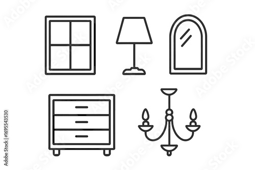 Window lamp mirror dresser chandelier outline simple linear icon set, editable stroke vector collection for web design, app interfaces, books, cards, home decor elements