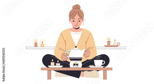 Relaxing With Hot Tea And Candle Light, An Evening Of Calm And Serenity