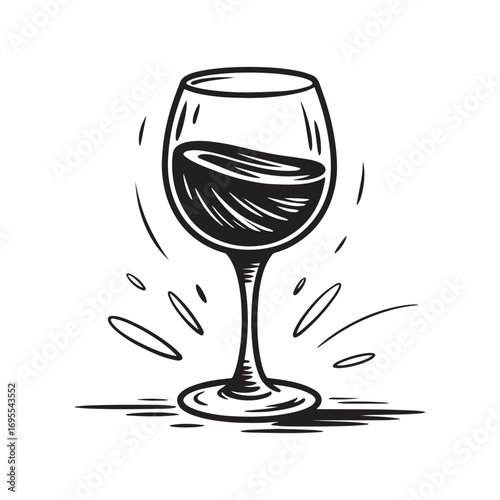 Black and White Sketch of Wine Glass with Spilled Liquid Vector Design