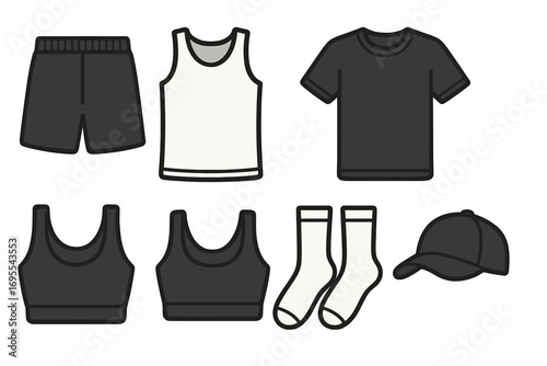 Minimalist sportswear collection with black and white shorts, tank tops, t-shirts, socks, and caps in flat vector cartoon style, transparent background, trendy gym apparel set