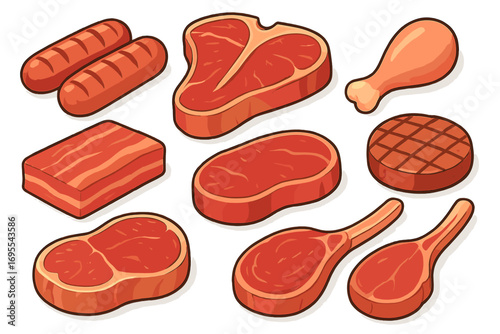 Variety of raw meat cuts for grilling and cooking, steak, ribs, drumstick, sausages, hamburger patty, bacon strip, lamb chop, beef steak, kitchen food preparation, vector illustration