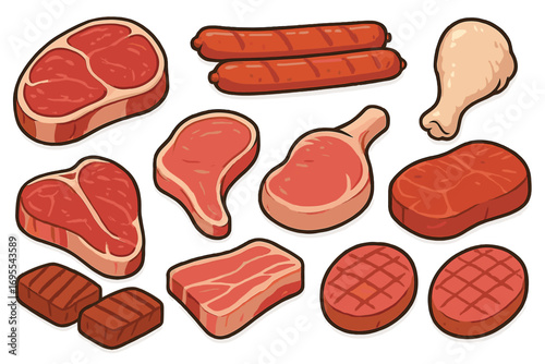 Variety of raw meat cuts for grilling and cooking, fresh beef, pork, chicken drumsticks, sausages, steaks, burgers, barbecue ingredients, cartoon vector illustration set