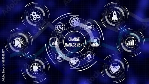 Change management illustrated with business strategy icons and progressing charts