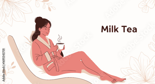 Relaxing Woman in Robe Drinking Milk Tea in A Comfortable Lounge with Floral Elements