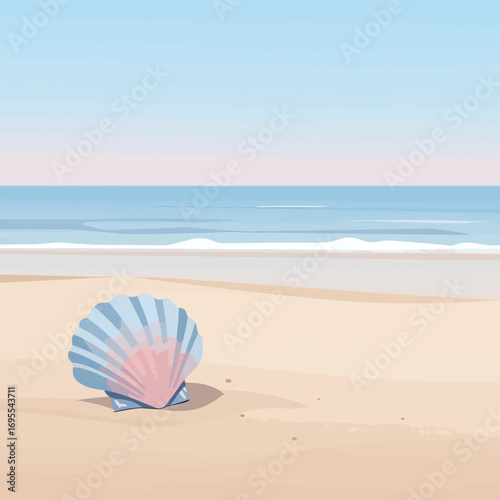 Beautifully illustrated flat design vector of a shell on a serene beach, capturing nature's artistry in soft pastels. An idyllic coastal scene.