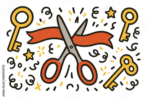 Grand opening ceremony illustration. Vector cartoon set with ribbon cutting, scissors, golden keys, and confetti. Doodle concept for a new business launch, event, or success.