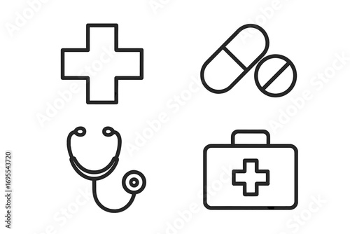 Set of healthcare line icons with editable stroke for medical design, websites, apps, and cards including linear medical cross, pills, stethoscope, and first aid suitcase