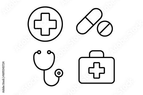 Set of Health Care Line Icons, Editable Stroke Medical Symbols, Vector Graphic for Website, Mobile Apps, Cards, Includes Medical Cross, Pills, Stethoscope, First Aid Kit