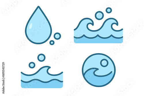 Minimalist water icons set with bubbles and waves, blue ocean wave symbols, clean and simple vector cartoon illustration, transparent background, aquatic design elements collection