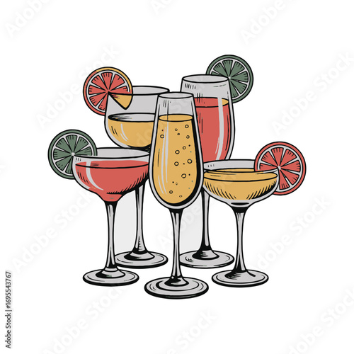 Set of Cocktail Glasses with Fruit Garnish Vector Illustration