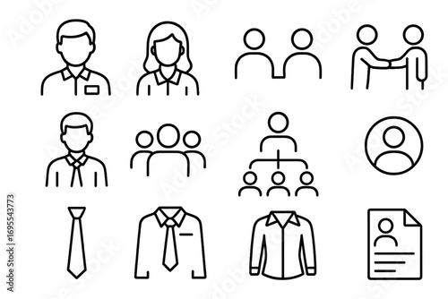 Modern staff and company line icon set for website design, apps, business cards, corporate worker icons, handshake, office clothing, teamwork, organization, vector cartoon illustrations