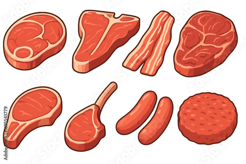 Variety of raw meat cuts for grilling and cooking, vector cartoon illustration set with steak, ribs, bacon, sausages, burger patty, lamb chop, T-bone, ribeye, and pork chop, transparent background