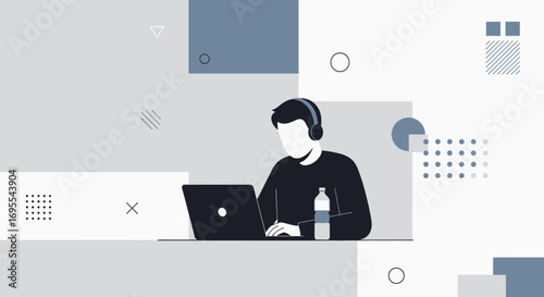 Remote Worker Concentrating On Laptop With Headphones In Modern Geometric Composition