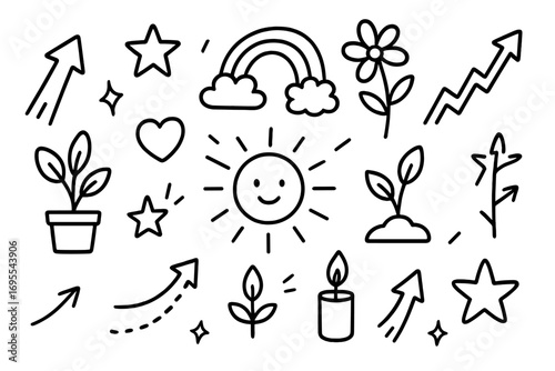 Hope and positivity doodle icon set. Hand drawn vector collection of simple line art symbols for motivation and inspiration. Includes sun, star, rainbow, heart, and growth arrows.