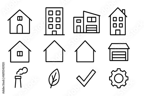 Outline icons of residential buildings and home elements for modern design projects, including houses, apartments, garage, chimney smoke, leaf, check mark, and gear symbol, transparent background