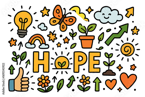 Hope inspirational doodle art with positive symbols for motivation and growth. Vector cartoon illustration set with lightbulb, plant, rainbow, butterfly for positive mindset.