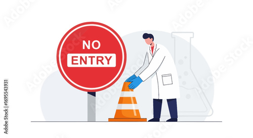 Researcher Blocking Access: Laboratory Prohibition Sign, Scientific Experiment, Entry Restriction