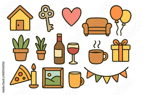 Housewarming party icon set. Doodle art essentials for a cozy home celebration. New home vector cartoon illustration collection. Welcome elements for moving in a new house.