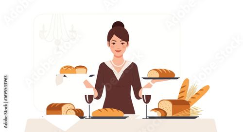Restaurant Service: A Woman Presenting Freshly Baked Bread, Served for Dining Experience