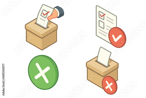Isometric voting and election icon set. Vector cartoon illustration of a hand putting a ballot in a box, a poll, and checkmark symbols. Democracy, referendum, and choice concept.