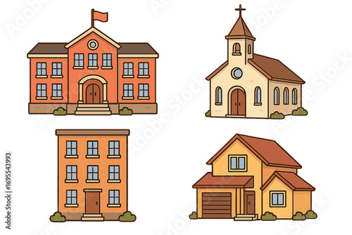 Various Architectural Styles of Buildings Including Educational School, Religious Church, Residential House, and Apartment Complex Vector Cartoon Illustration with Transparent Background