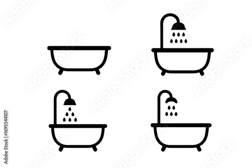 Bathtub with shower icon set. Minimalist bathroom symbol collection. Vector pictogram for web and print. Simple black and white silhouette for hygiene, wash, and clean concepts.