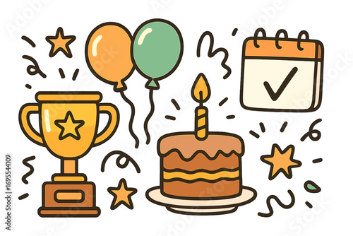 Milestone celebration doodle set with trophy, cake, and balloons. Vector cartoon icon collection for success, achievement, and birthday party. Flat design elements.