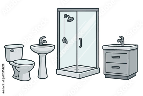 Modern bathroom fixtures collection featuring toilet, pedestal sink, glass shower enclosure, and vanity cabinet with faucet, sleek design vector cartoon illustration