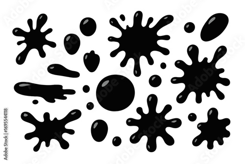 Various black ink splashes and droplets in creative design, different shapes and sizes, vector cartoon illustration, abstract ink blots collection on white background