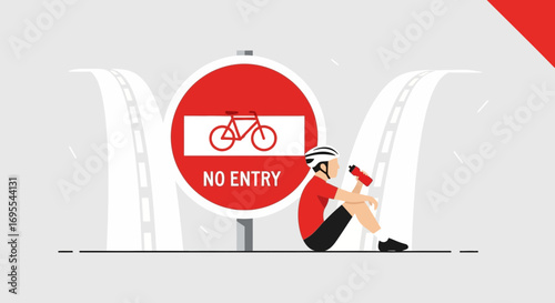 Resting Cyclist With Water Bottle By Forbidden Road Sign Illustration