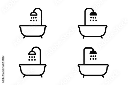 Bathtub and shower icons set. Minimalist black line art vector. Bathroom symbol collection. Hygiene and cleanliness concept. Simple clean pictogram for web and graphic design.