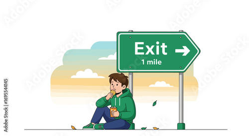 Resting Traveler Beside Exit Sign Enjoying Snack, Reflecting Journey On A Tranquil Evening